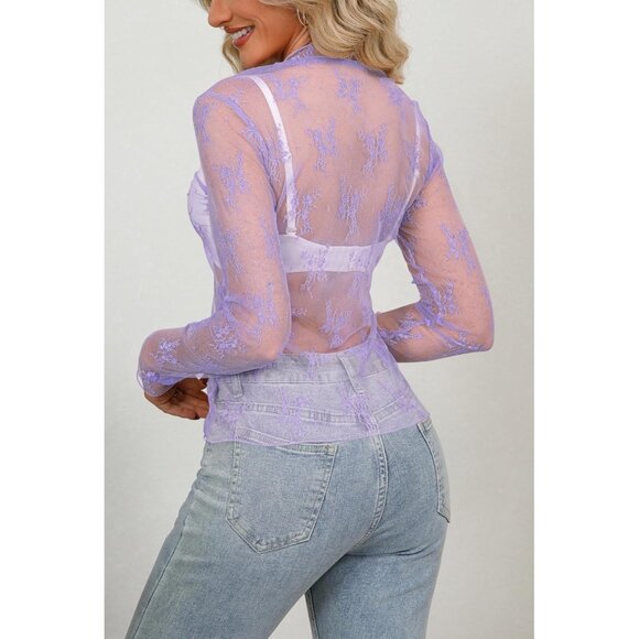 🆕Women Light Purple Polyamide Mesh Sheer Long Sleeve Mock Neck Lace Top Blouse - Picture 3 of 5